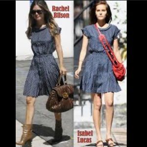 Madewell Alexa Chung sz 0 blue polka dot 100% silk tea dress drop waist pleated